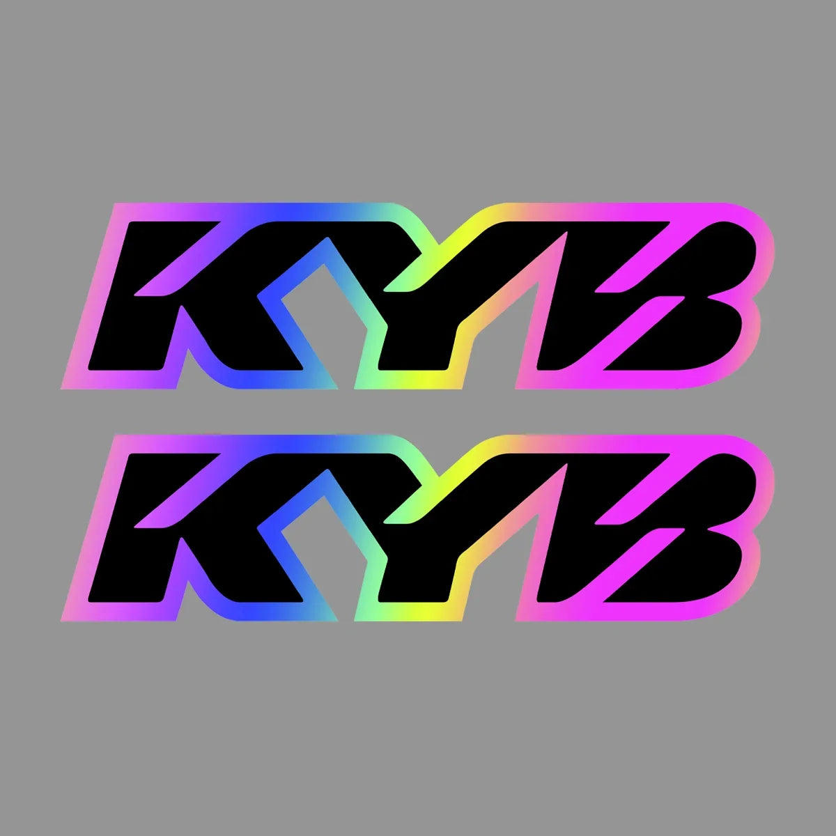 A graphic design featuring the letters KYB in a vibrant rainbow gradient on a dark background.