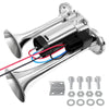 A silver dual trumpet car horn with wiring and mounting hardware components.