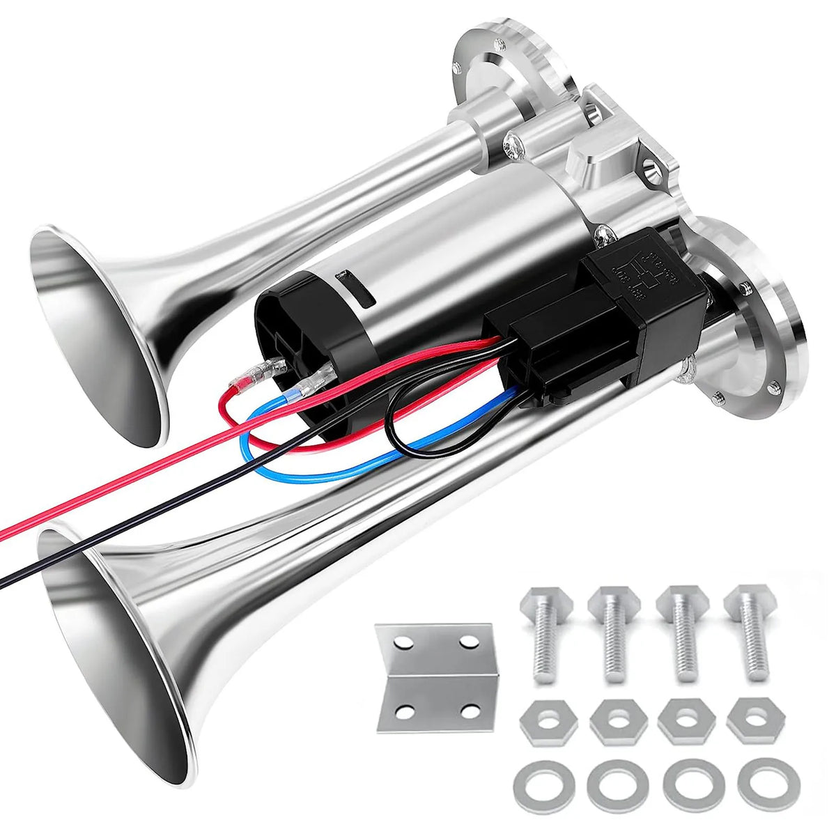 A silver dual trumpet car horn with wiring and mounting hardware components.