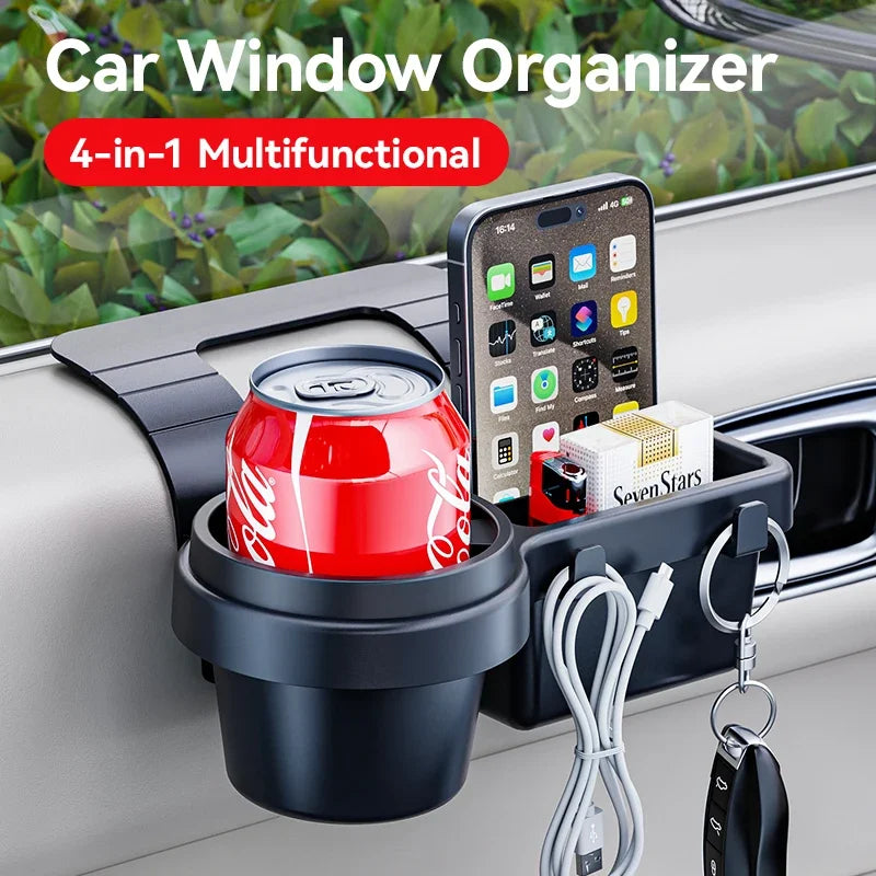 A black car window organizer features a cup holder and phone mount for multi-purpose storage.