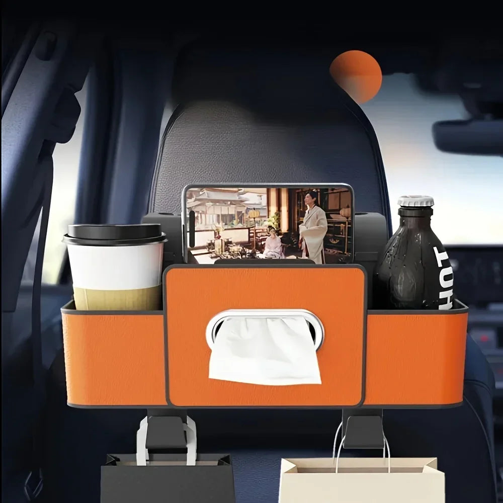 Orange car back seat organizer with a cup holder and storage for drinks and items.