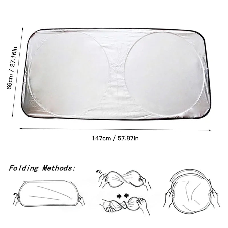 A folding car sunshade for windshield UV protection shown with various folding methods.
