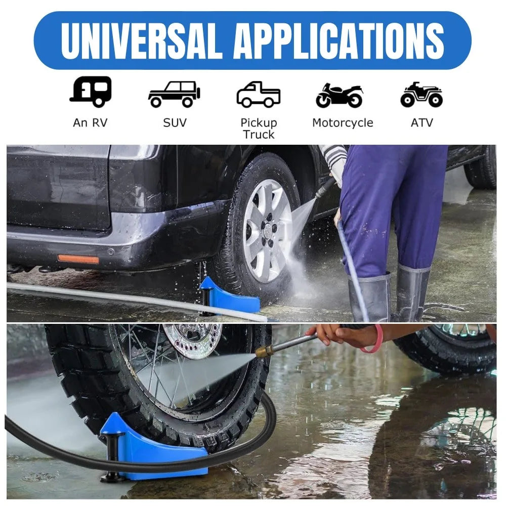 A blue car hose slide tire wedge tool is shown being used to clean a tire with water.
