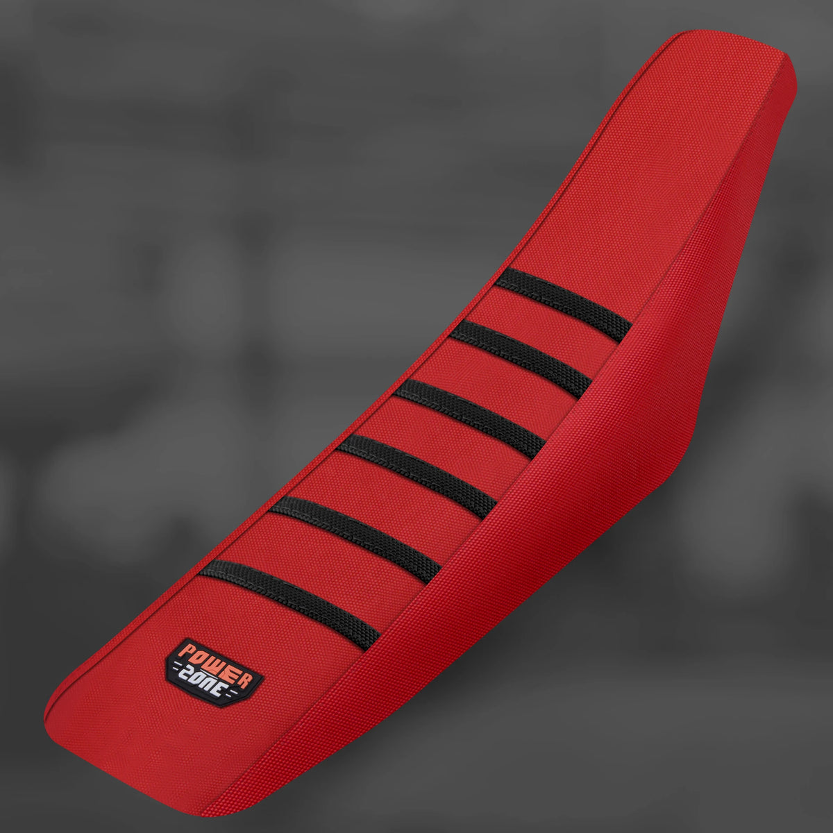 A red universal motorcycle seat cover with black stripes shown diagonally.