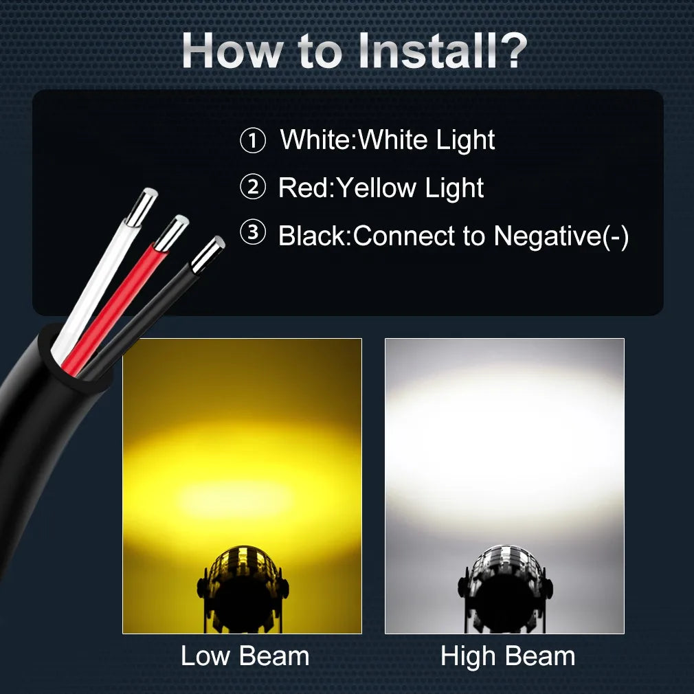 Diagram showing how to install a dual color LED driving light with white, yellow, and black wires for low and high beam setti