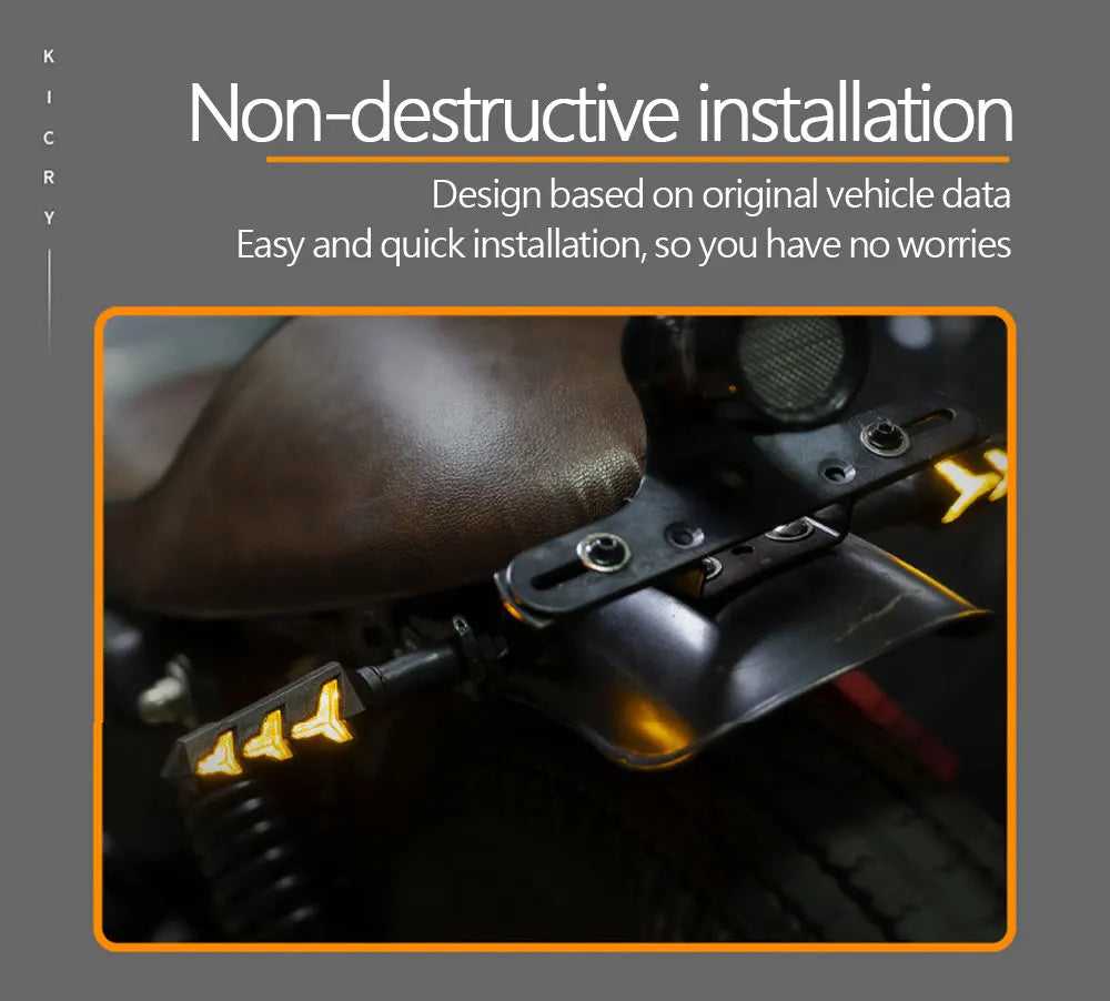 Close-up of a non-destructive installation of flowing LED motorcycle turn signals on a vehicle's component.