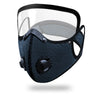 A dark blue breathable cycling and outdoor face mask with a clear visor.