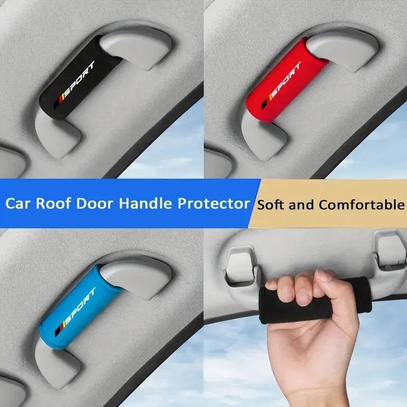 Set of universal car roof door handle protectors in black, red, and blue colors shown on a car interior.
