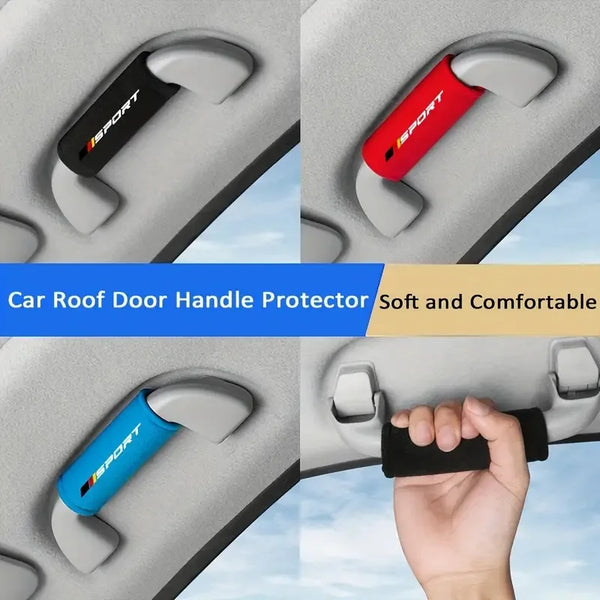 Set of universal car roof door handle protectors in black, red, and blue colors shown on a car interior.