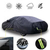 Black universal all-weather car cover shown with icons for UV, snow, and rain protection.