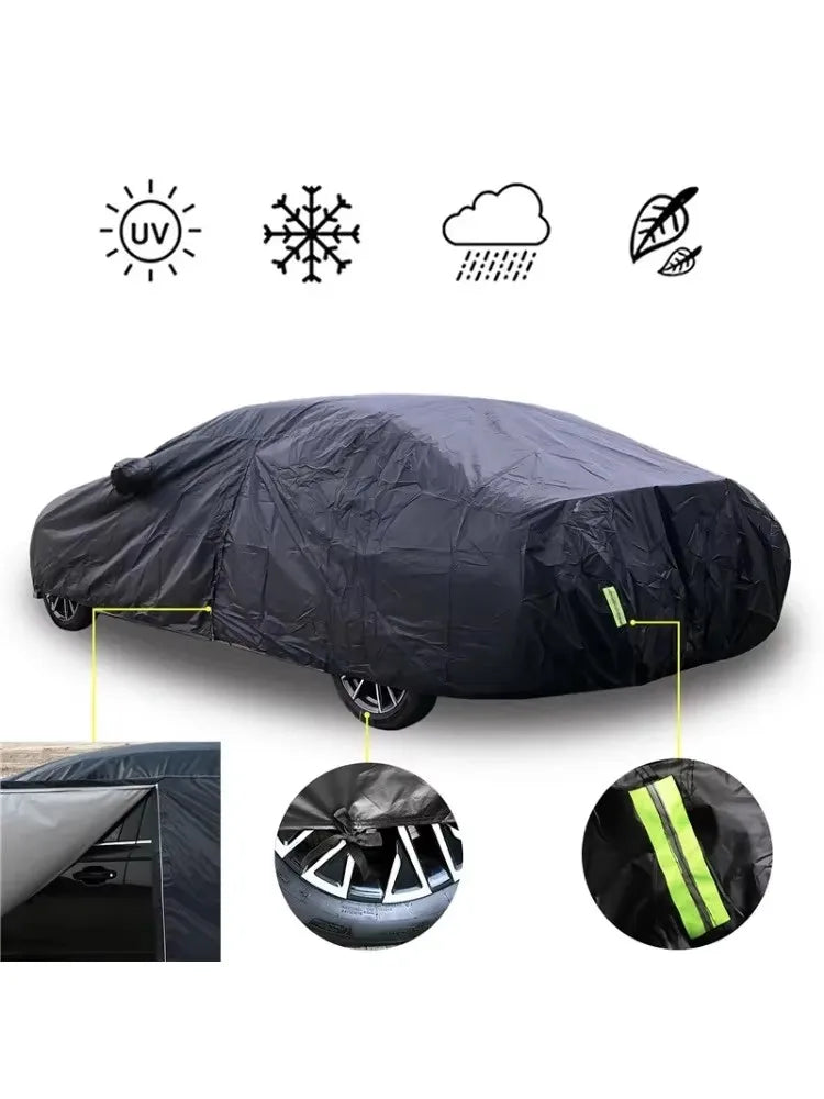 Black universal all-weather car cover shown with icons for UV, snow, and rain protection.