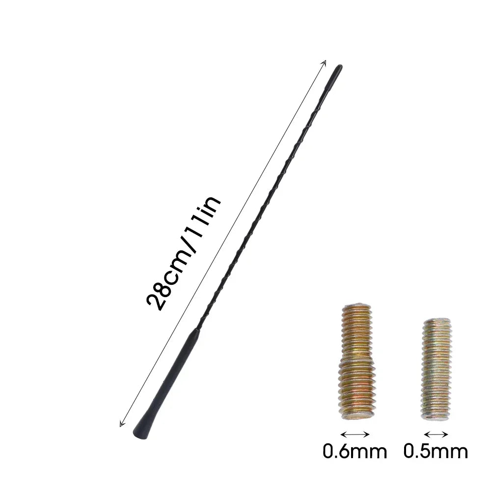 A black universal car roof antenna with various screw sizes shown for reference.