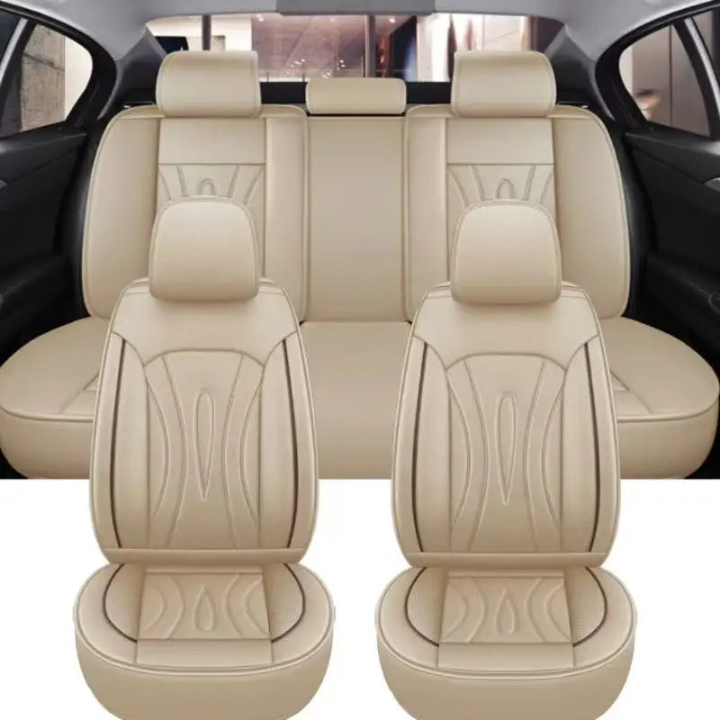 Light beige premium PU leather car seat covers shown in a vehicle interior.