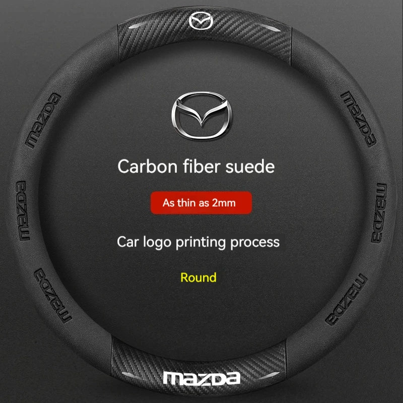 Couverture de volant en daim de fibre de carbone noire avec impression du logo Mazda argenté