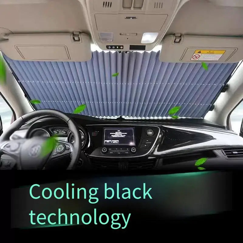Vue intérieure d'une voiture montrant un pare-soleil rétractable noir de technologie déployé.