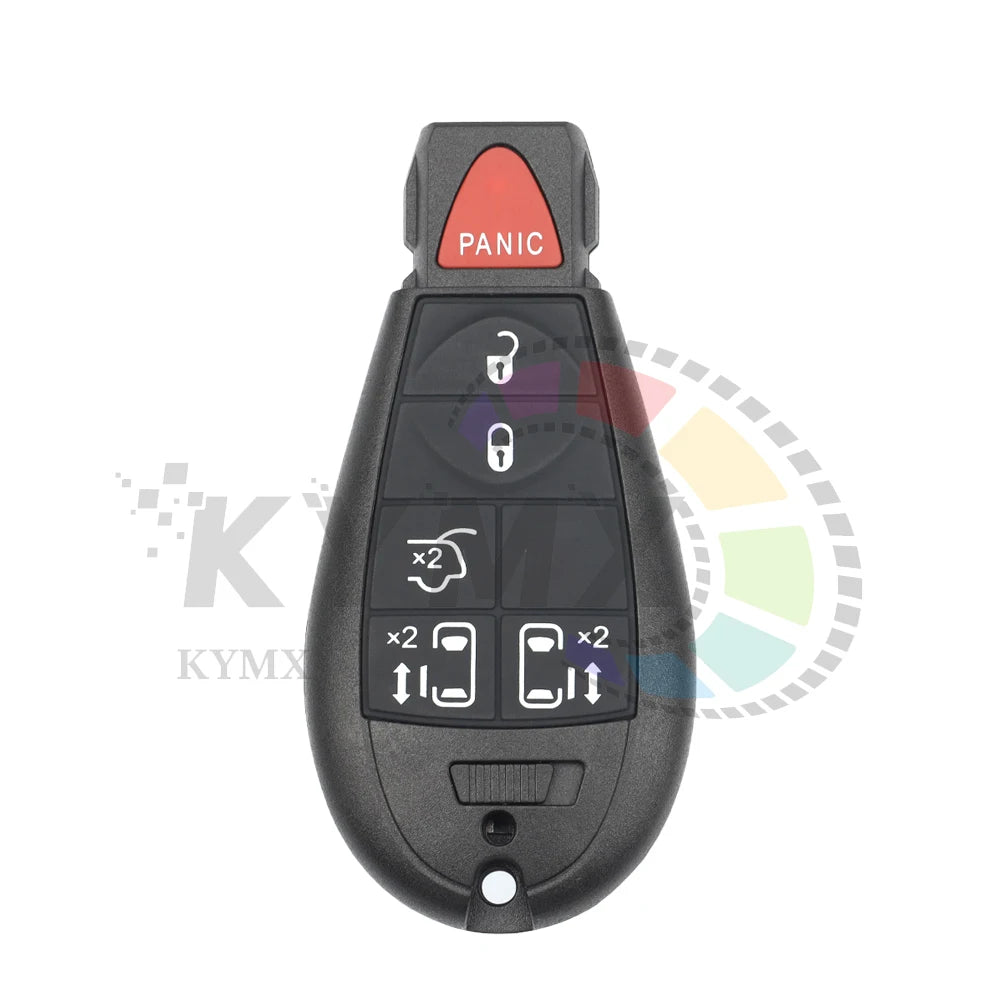 A black smart remote car key fob with a panic button and various electronic functions.
