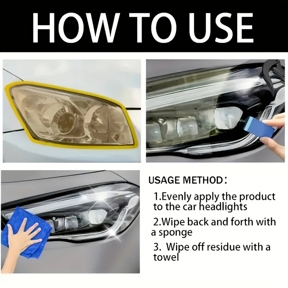 Demonstration showing how to use a product on a car headlight, including applying the product and wiping off residue.