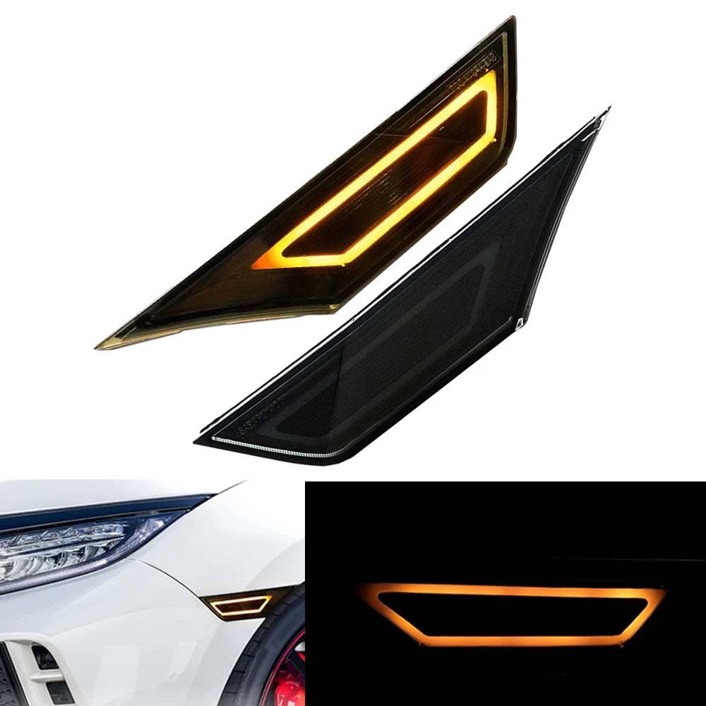 A close-up view of an LED side marker light assembly for a Honda Civic, showing the illuminated amber light.