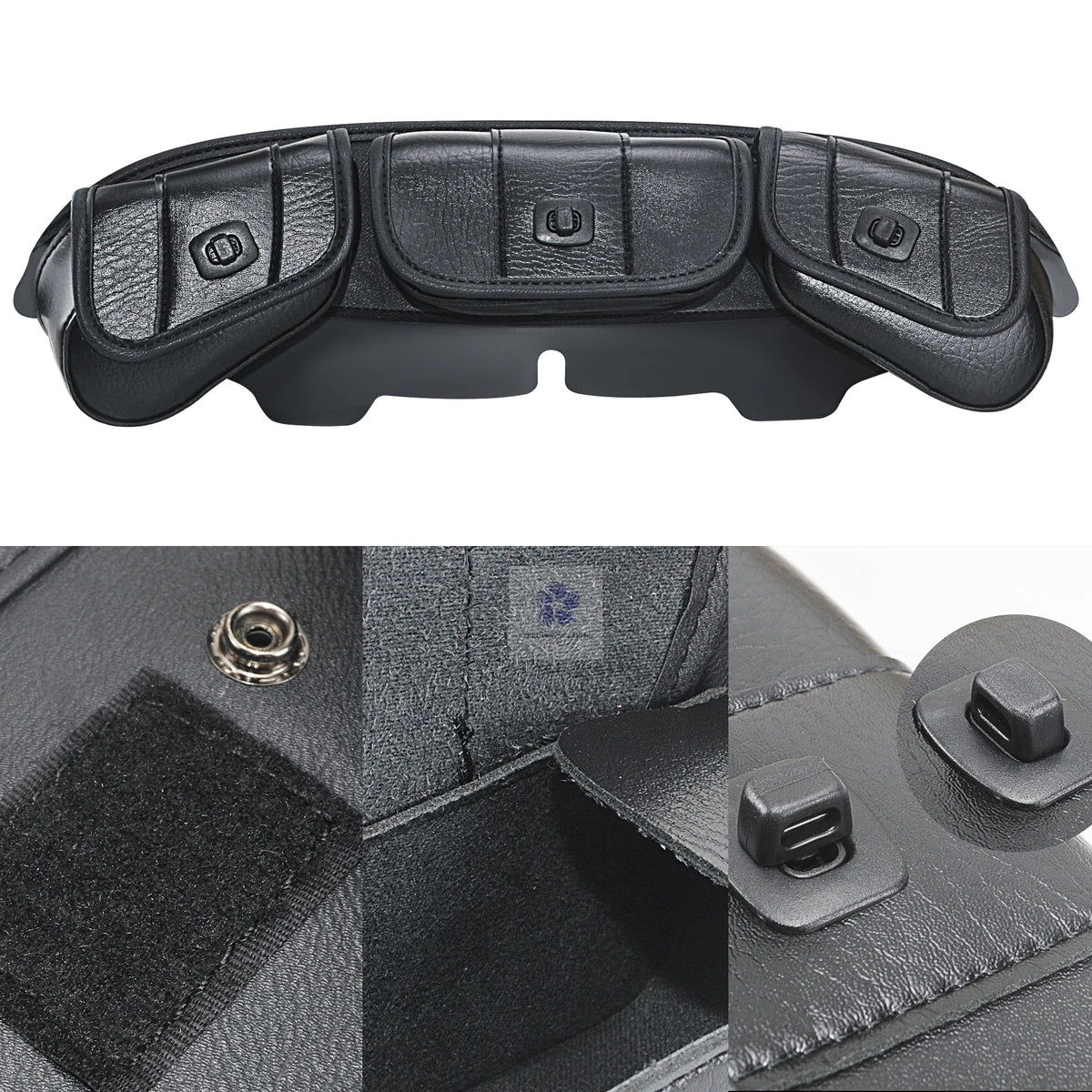 Black motorcycle windshield fairing storage bag shown from the top and a close-up of its features