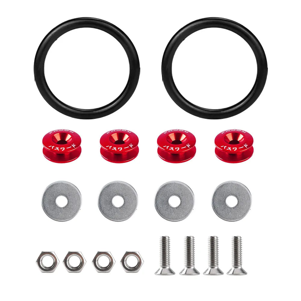 Set of black billet aluminum quick release fasteners for bumpers and panels, including rings and bolts.