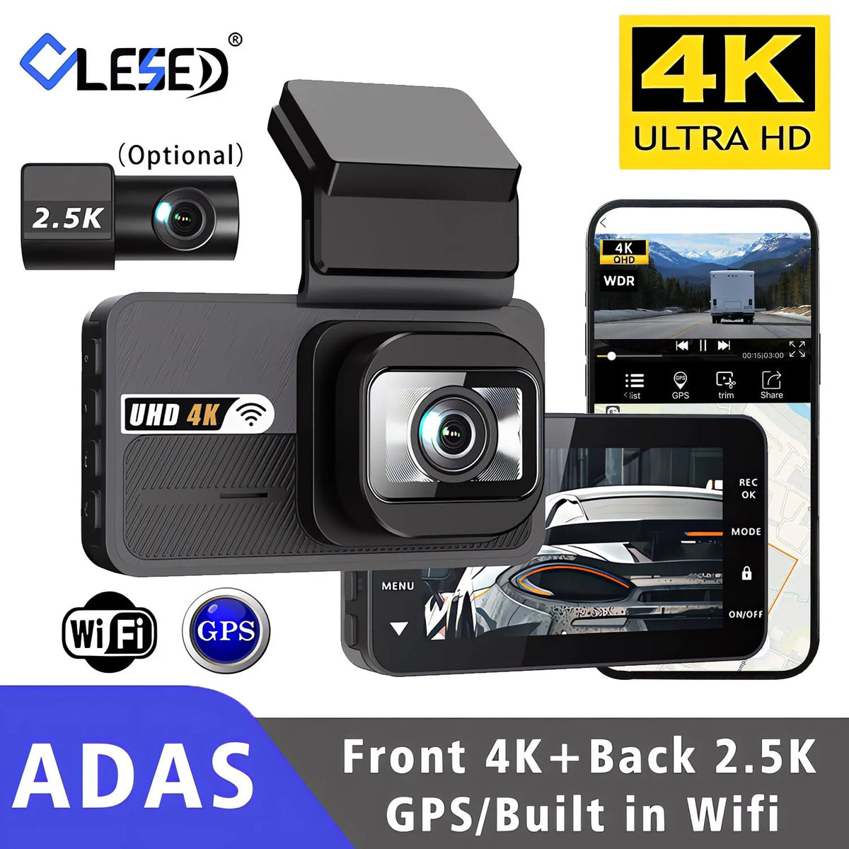 Front 4K and back 2.5K dash cam with WiFi, GPS, and ADAS features shown on a smartphone display.