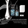 A kit for car glass repair showing a bottle of fluid and a clear repair piece.