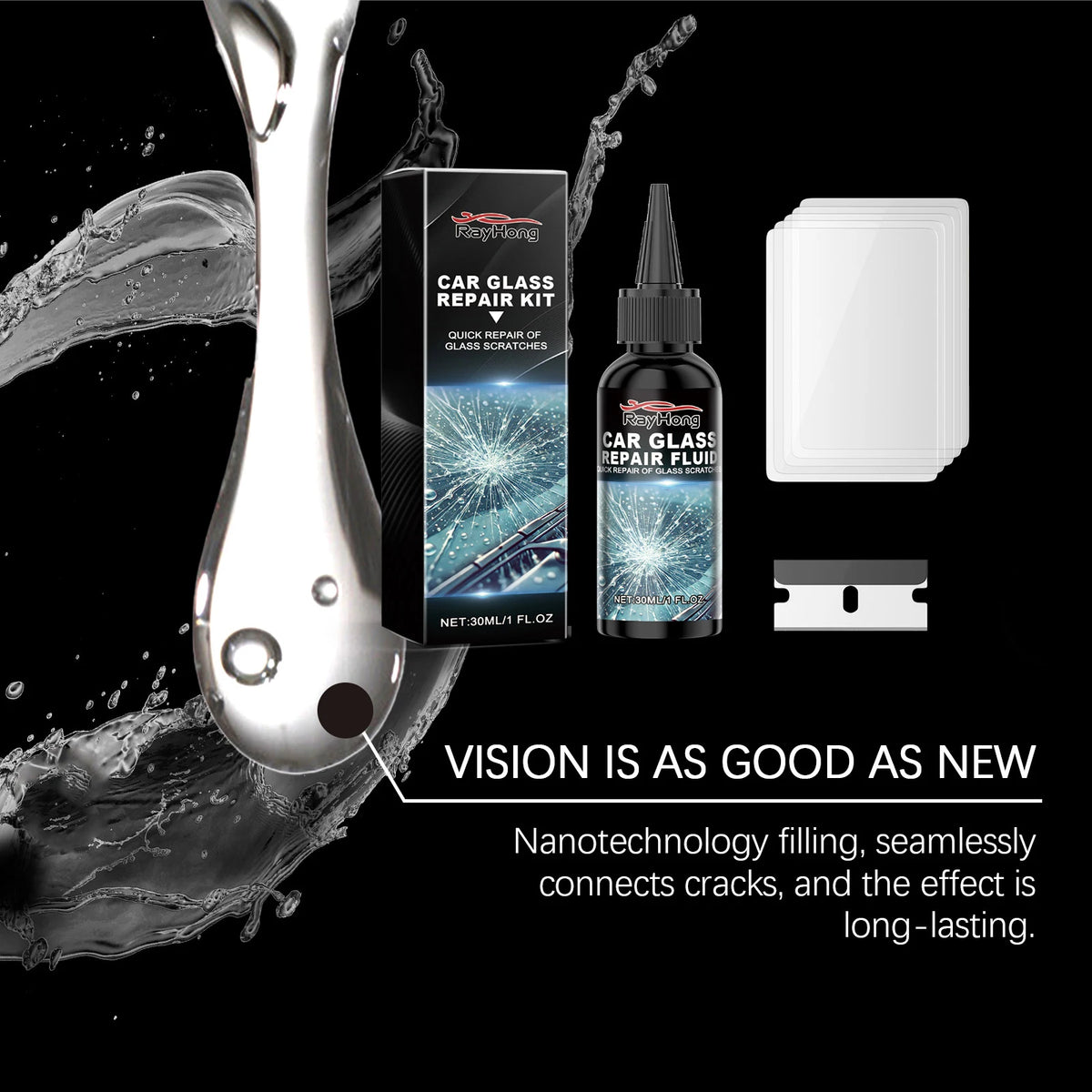 A kit for car glass repair showing a bottle of fluid and a clear repair piece.