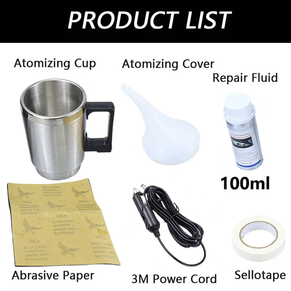 A product list showing an atomizing cup, cover, repair fluid, abrasive paper, power cord, and sellotape.