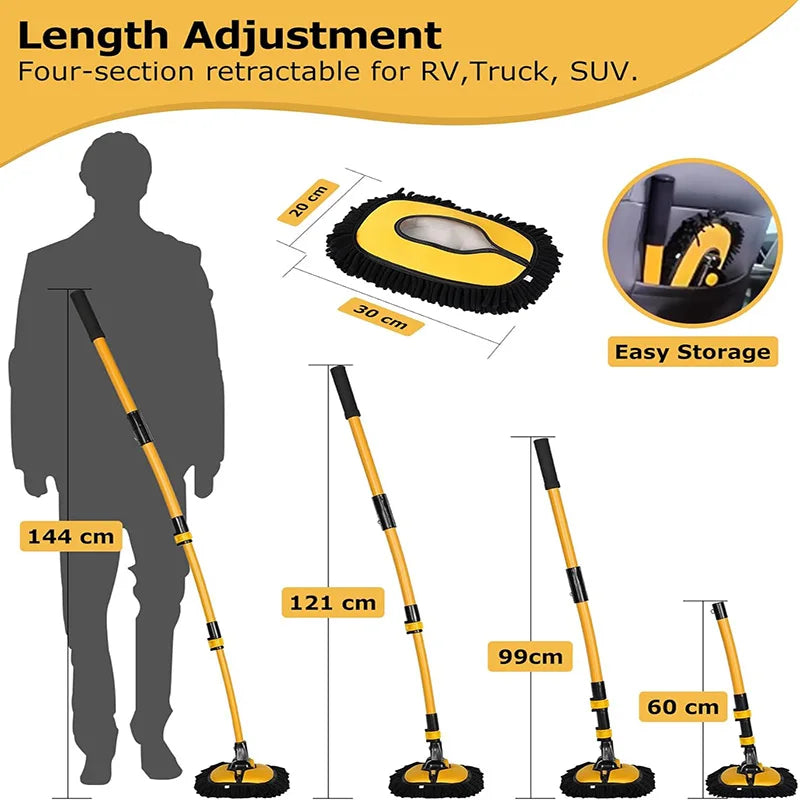 Yellow and black four-section retractable mop with various length adjustments shown next to a person.