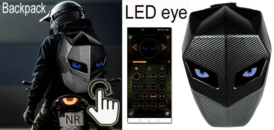 A black motorcycle protective cover featuring an LED eye design.