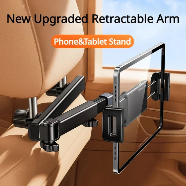 A black retractable arm phone and tablet stand mounted on a car headrest.