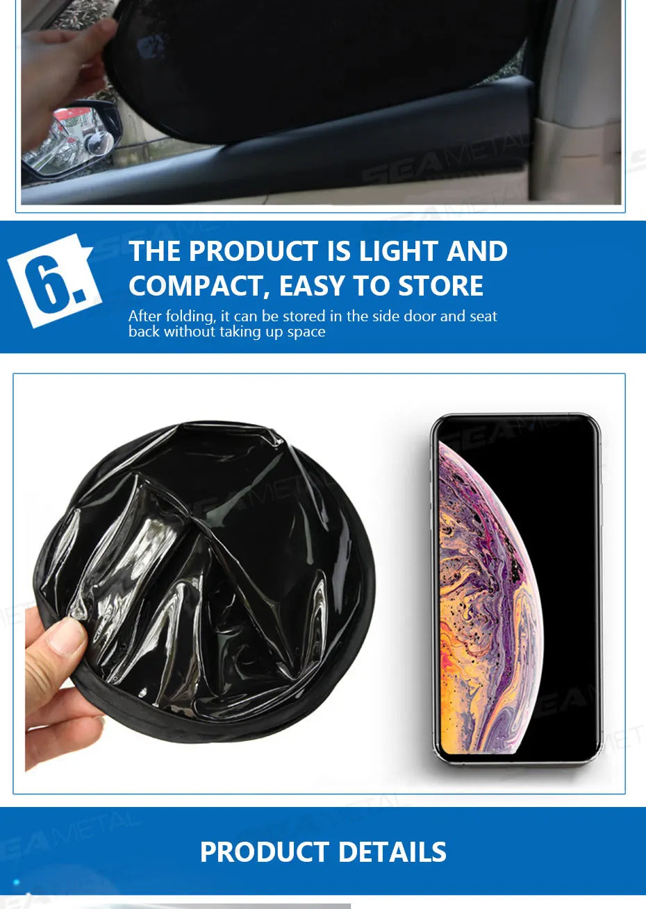 Un ensemble de pare-soleil autocollant noir pour fenêtre de voiture, tenu à côté d'un smartphone.