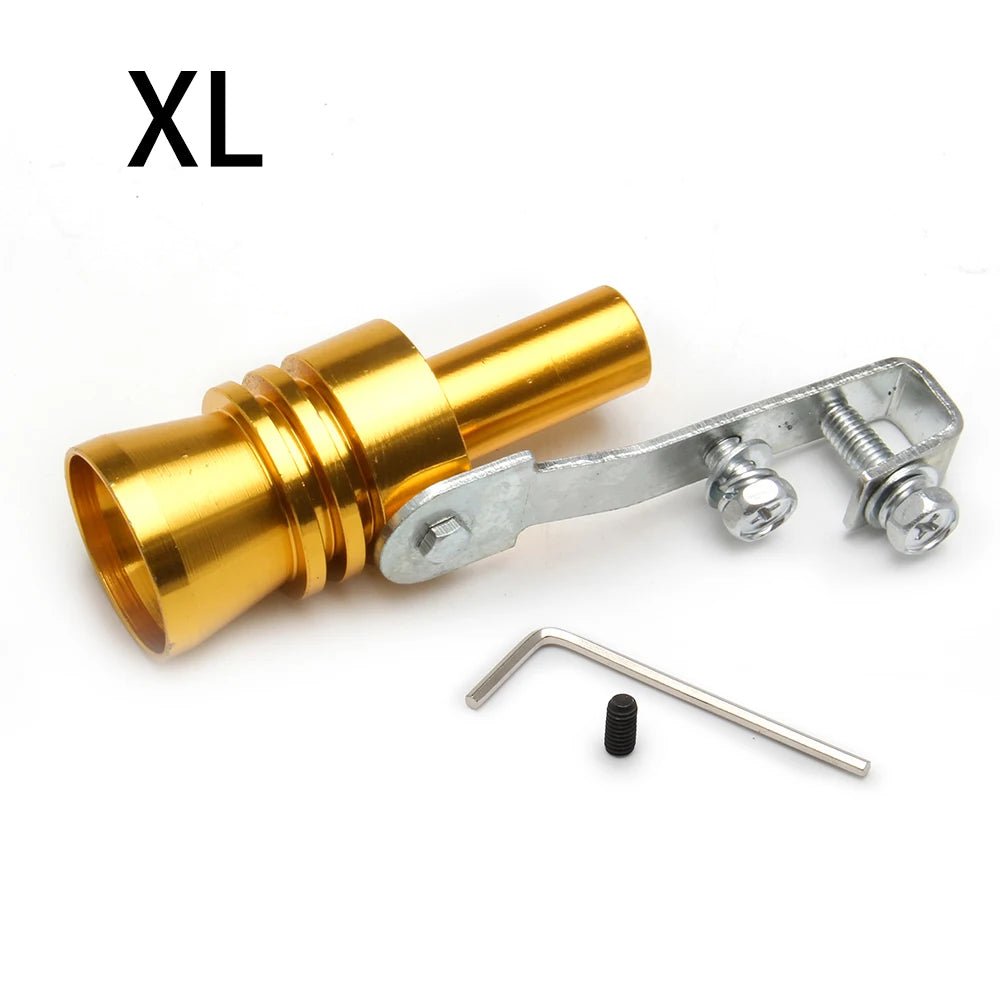 Gold colored universal turbo exhaust whistle with a metal clamp and a small rod.