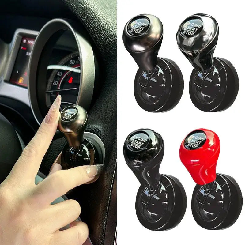 A set of universal metal engine start levers in black and red colors shown next to a car interior dashboard.