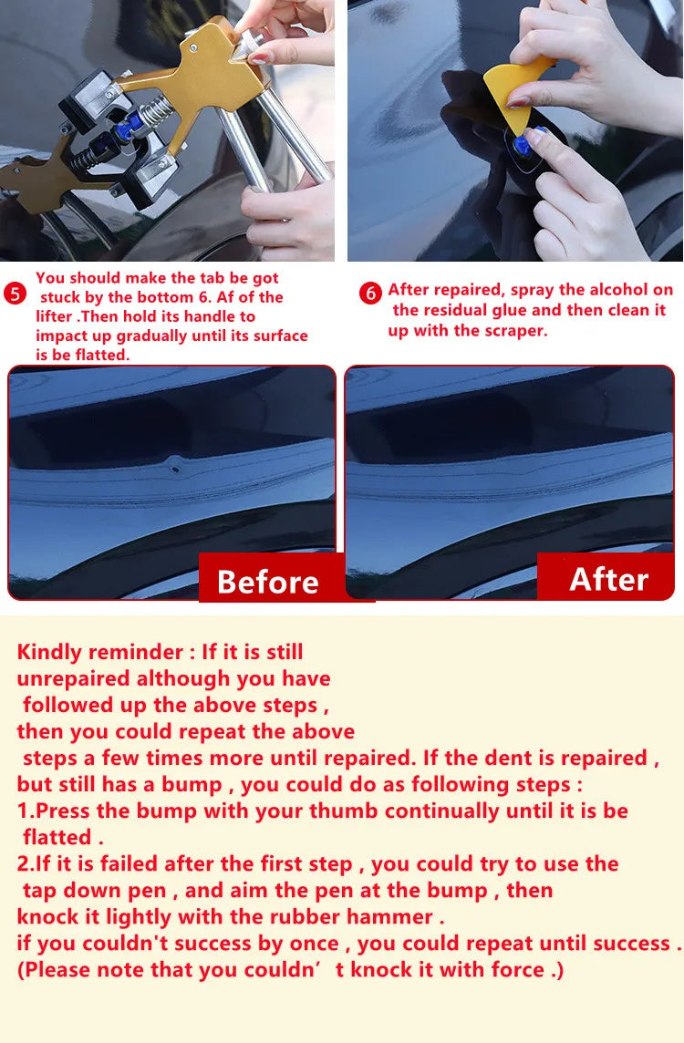 Instructions showing how to use a plastic dent puller kit for auto repair, including before and after results.