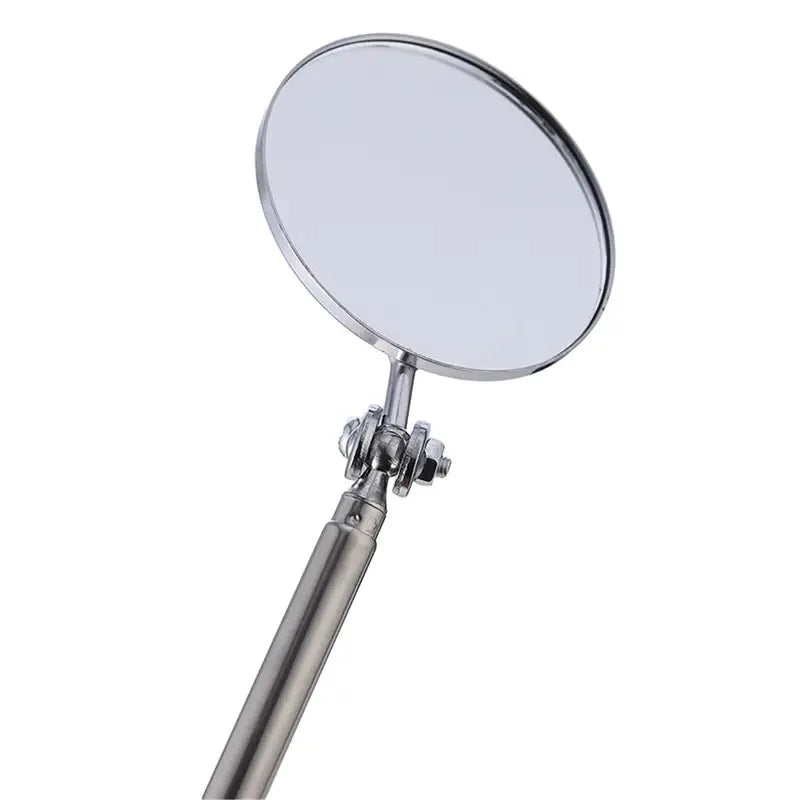 A silver extendable inspection mirror with a round magnifying surface and a metal handle.