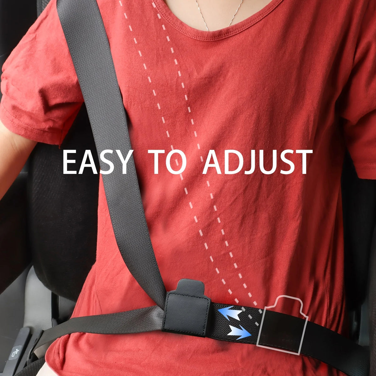 A person wearing a red shirt is shown with a black PU leather car seat belt adjuster visible on their torso.