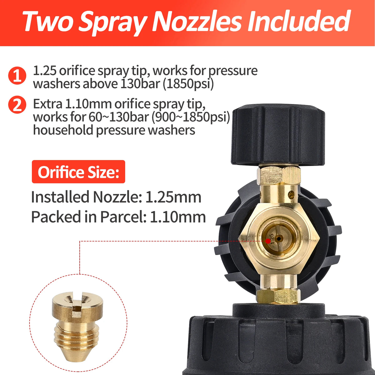 A set of two spray nozzles, including a 1.25mm and a 1.10mm orifice size tip, for pressure washers.