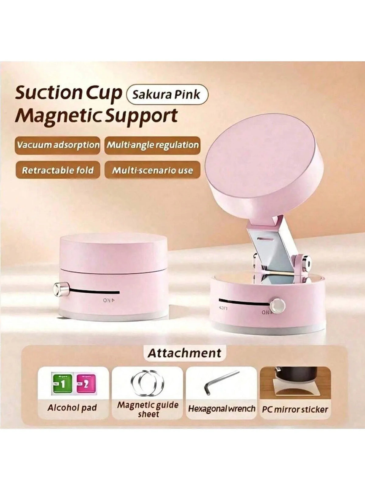 Support magnétique avec ventouse rose et divers accessoires : tampons, feuille guide magnétique, clé hexagonale et
