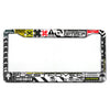Black and white license plate frame with warning labels for US cars