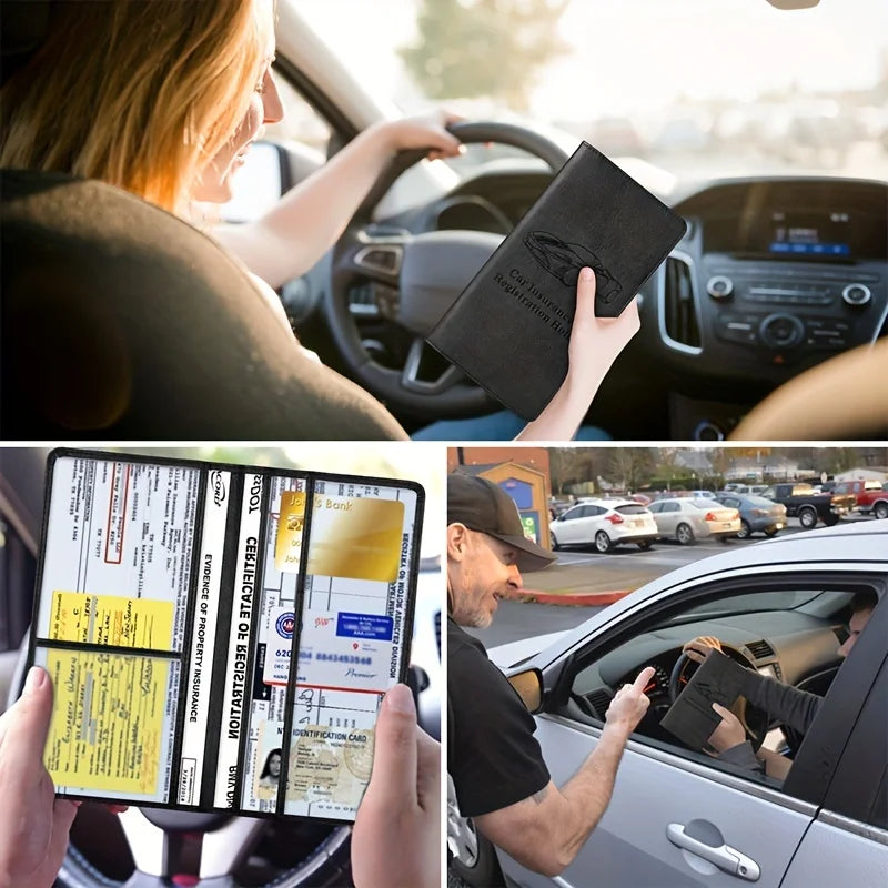 A man holds a premium faux leather car document organizer in the driver's seat of a car.