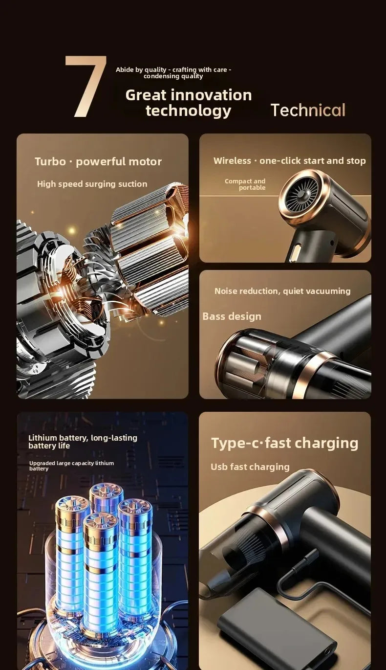 A set of powerful 5-in-1 portable wireless car vacuum attachments and a lithium battery charging setup.
