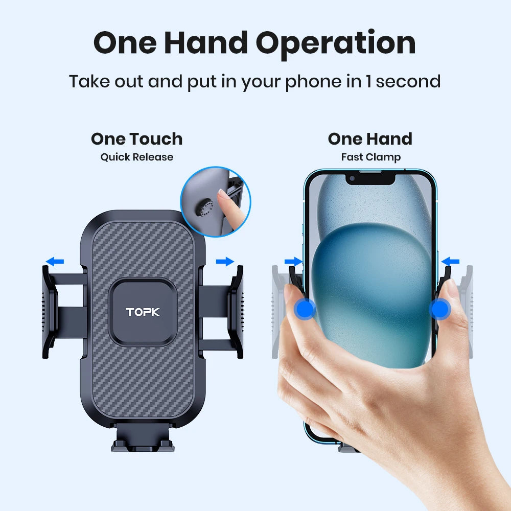 A hand is using a one-hand operation phone holder to quickly put and take out a phone from a car air vent.