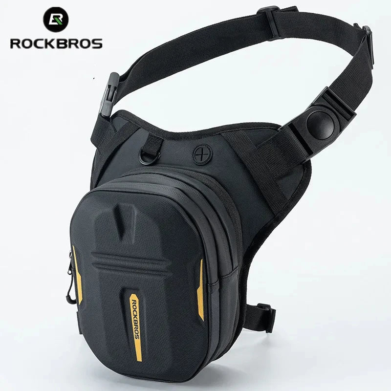 Black waterproof motorcycle fanny pack with a black strap and yellow accents