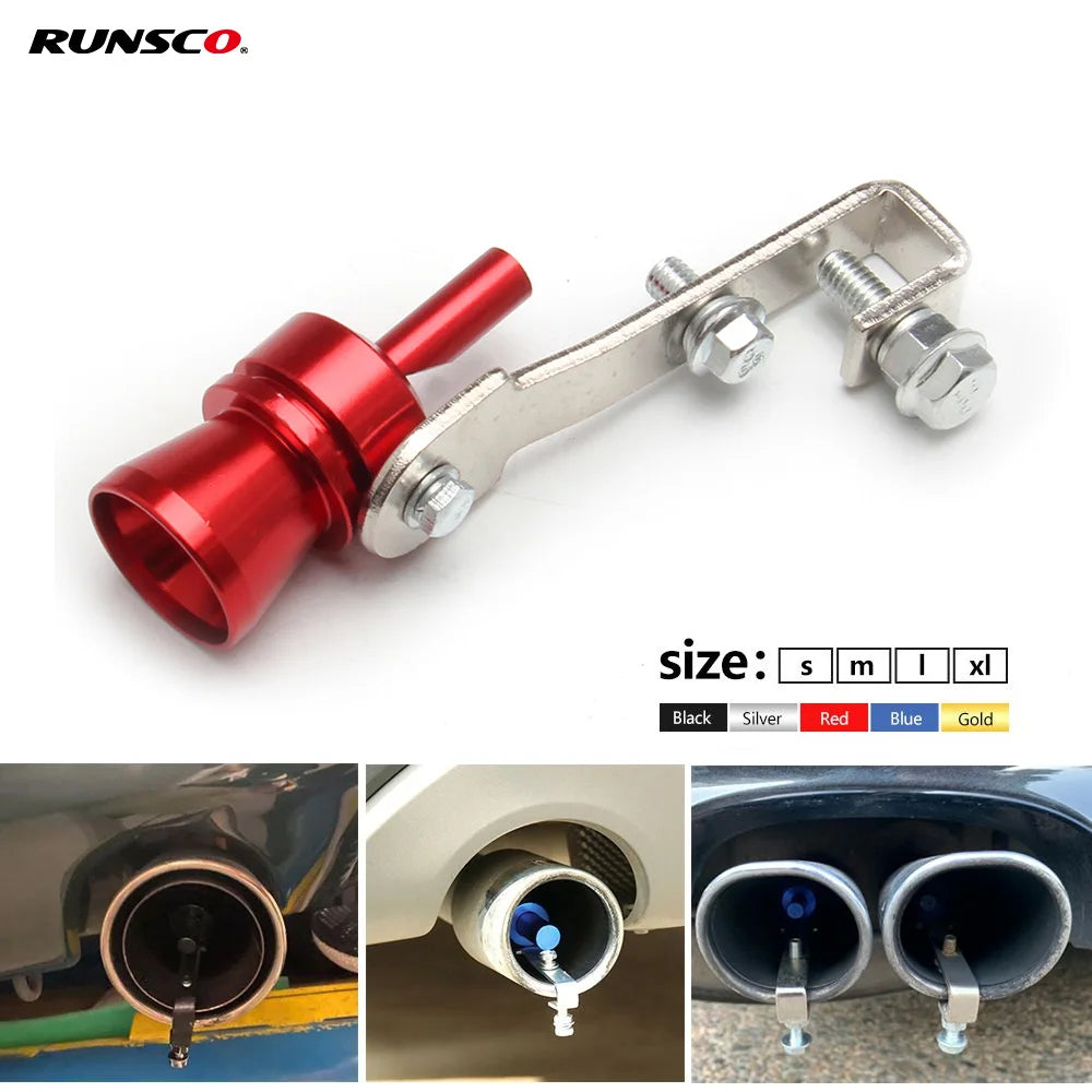 A red universal turbo exhaust whistle with a metal mounting bracket and various color options.