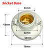 A white socket base for an E27 screw cap light bulb holder with various dimension measurements.