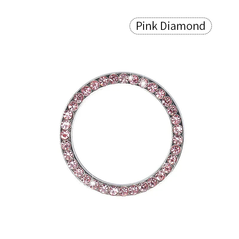 Pink diamond circular decorative ignition push button cover for a car