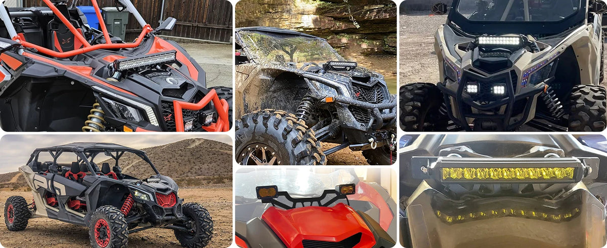 Various views of UTV front side light bar mounting brackets and lighting systems.