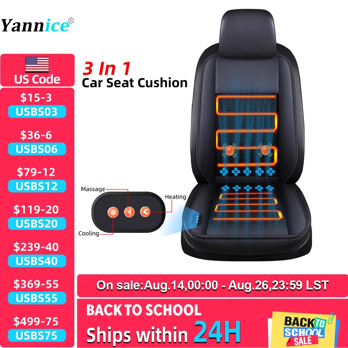 A black 3 in 1 multi-functional car seat cushion with massage, heating, and cooling features.