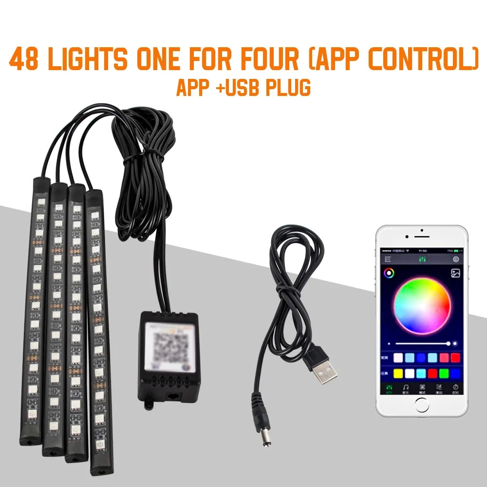 Ein Set aus 48 Lichtern mit USB-Stecker und App-Steuerung neben einem iPhone.
